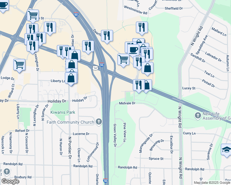 map of restaurants, bars, coffee shops, grocery stores, and more near 3100 Wellington Place in Janesville