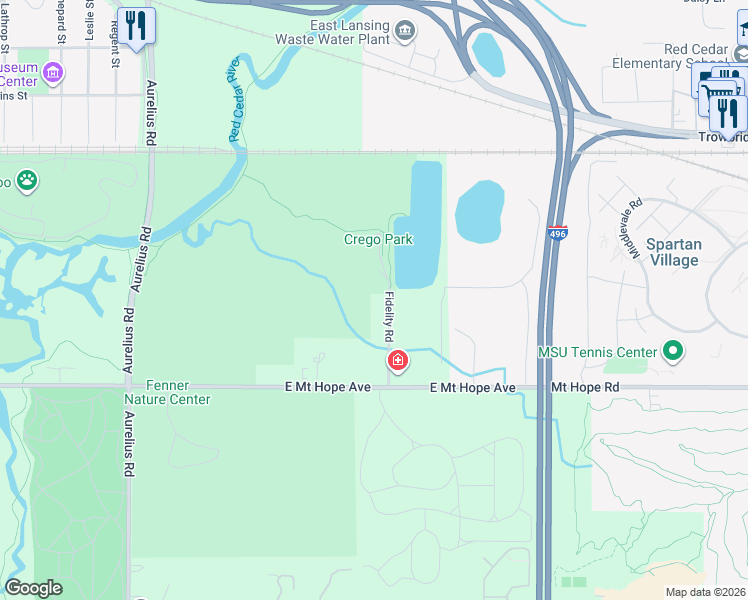map of restaurants, bars, coffee shops, grocery stores, and more near 1636 Fidelity Road in Lansing