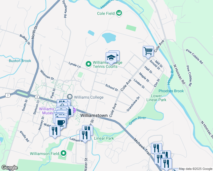 map of restaurants, bars, coffee shops, grocery stores, and more near School Street in Williamstown