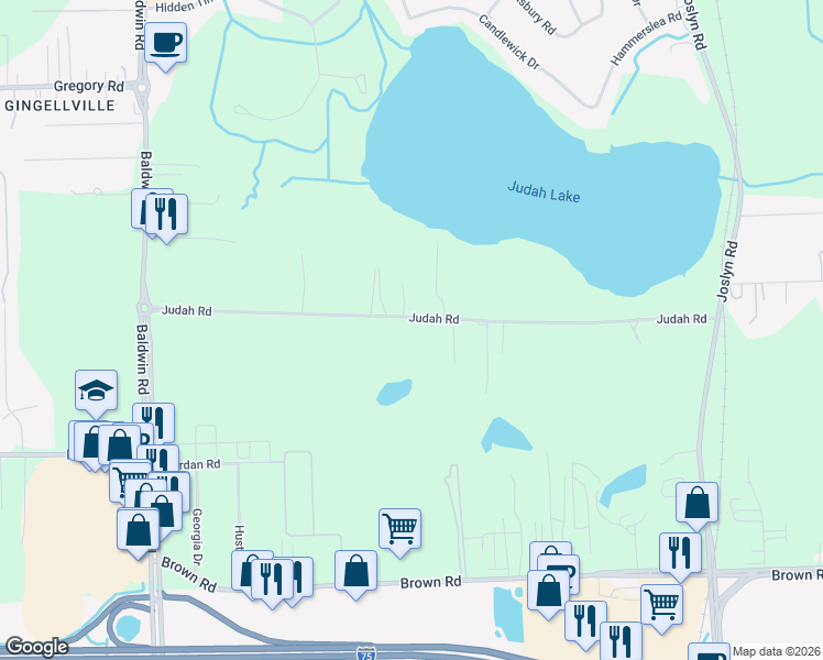 map of restaurants, bars, coffee shops, grocery stores, and more near 2801 Judah Road in Oakland County