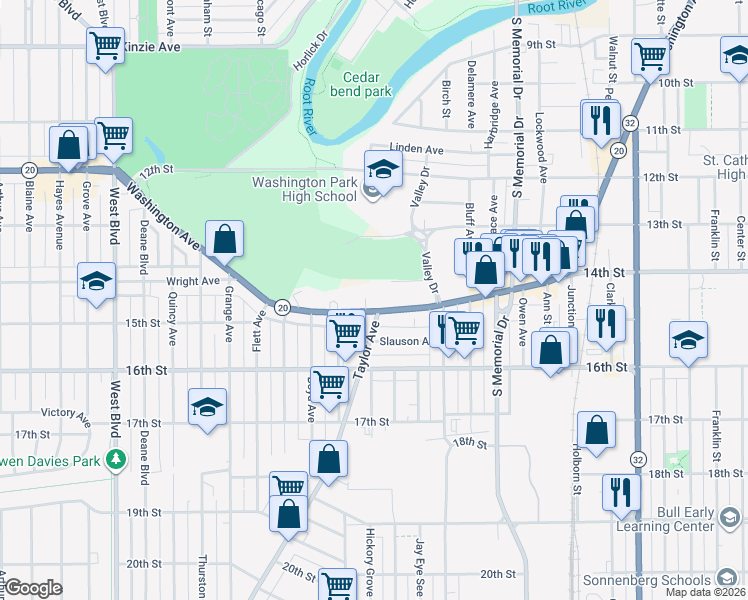 map of restaurants, bars, coffee shops, grocery stores, and more near 2200 Washington Avenue in Racine