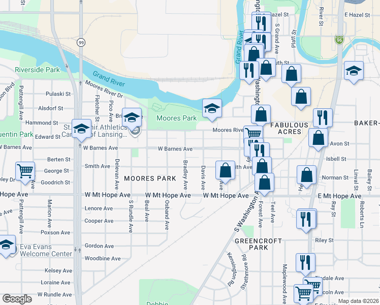 map of restaurants, bars, coffee shops, grocery stores, and more near 418 Smith Avenue in Lansing