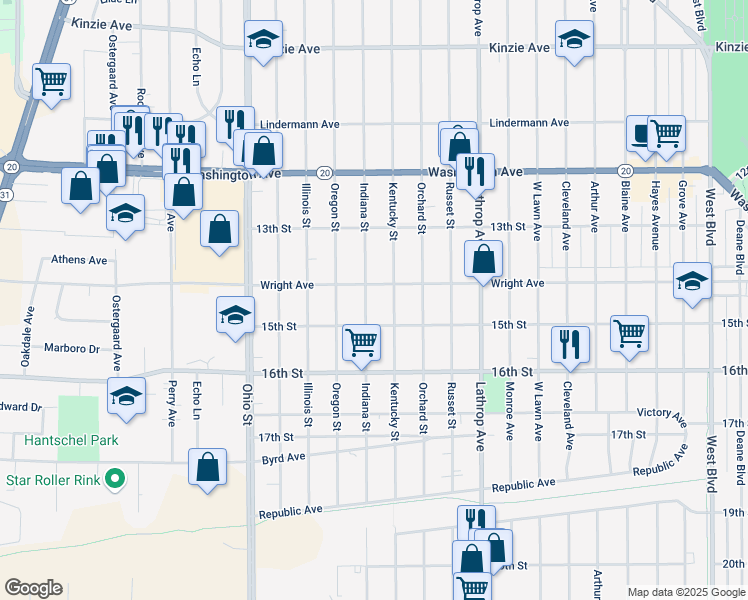 map of restaurants, bars, coffee shops, grocery stores, and more near 1435 Indiana Street in Racine