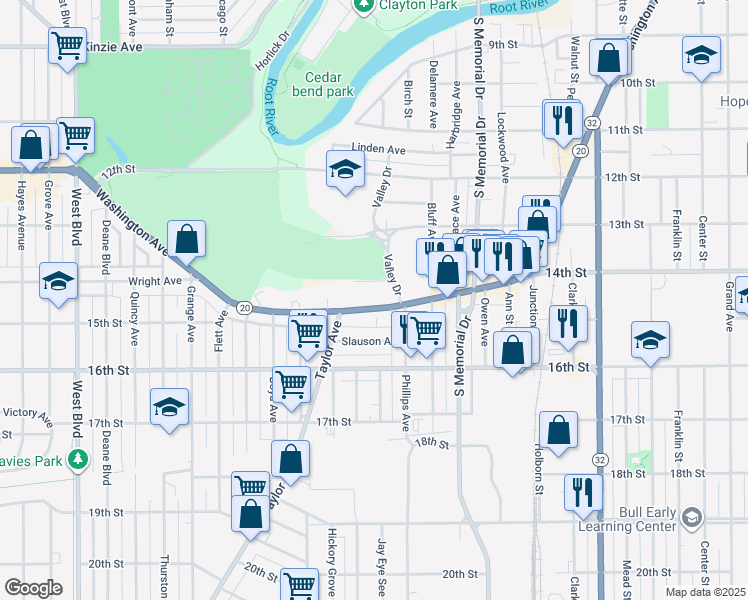 map of restaurants, bars, coffee shops, grocery stores, and more near 2000 Washington Avenue in Racine
