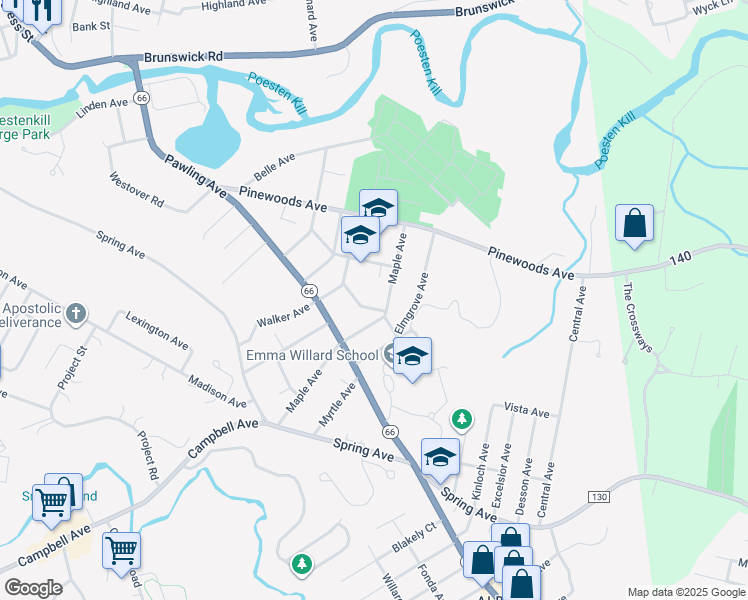 map of restaurants, bars, coffee shops, grocery stores, and more near 123 Maple Avenue in Troy