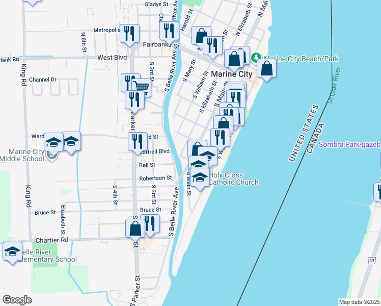 map of restaurants, bars, coffee shops, grocery stores, and more near 605 South Main Street in Marine City