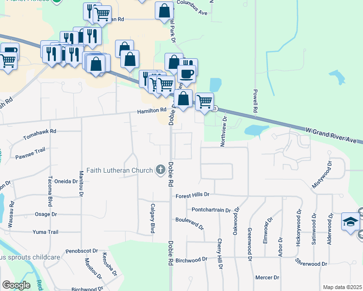 map of restaurants, bars, coffee shops, grocery stores, and more near 4568 Blackstone Trail in Meridian charter Township