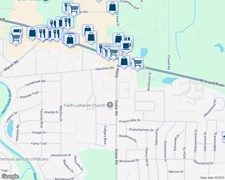 map of restaurants, bars, coffee shops, grocery stores, and more near 1705 Chief Okemos Circle in Meridian charter Township