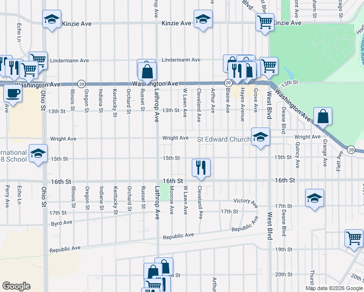 map of restaurants, bars, coffee shops, grocery stores, and more near 1437 West Lawn Avenue in Racine