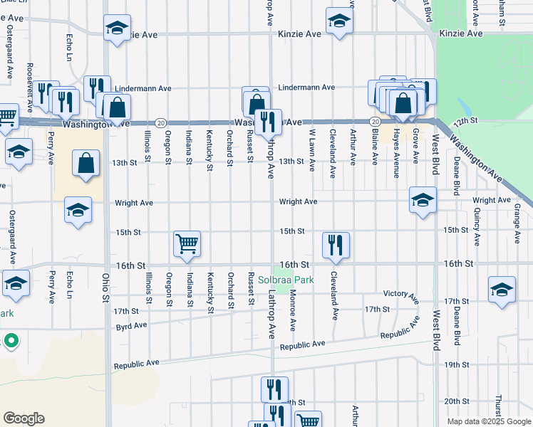 map of restaurants, bars, coffee shops, grocery stores, and more near 1438 Lathrop Avenue in Racine