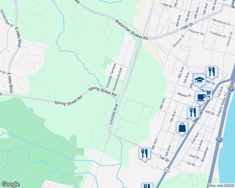 map of restaurants, bars, coffee shops, grocery stores, and more near 2 Lincoln Ave in Watervliet