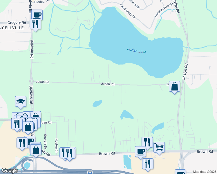 map of restaurants, bars, coffee shops, grocery stores, and more near 2801 Judah Road in Orion charter Township