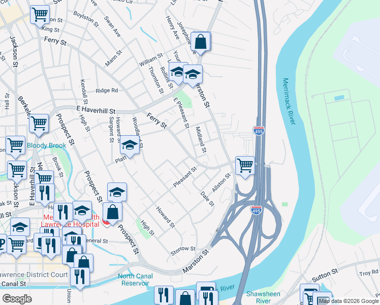 map of restaurants, bars, coffee shops, grocery stores, and more near 15 Hey Street in Lawrence