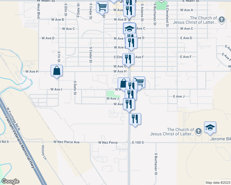 map of restaurants, bars, coffee shops, grocery stores, and more near 209 West Avenue J in Jerome