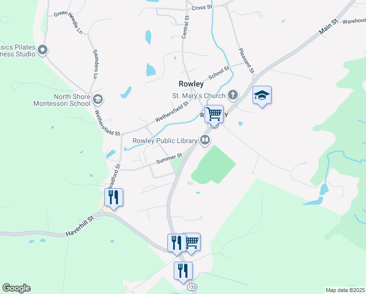map of restaurants, bars, coffee shops, grocery stores, and more near 125 Main Street in Rowley