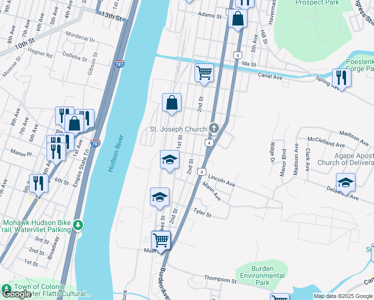 map of restaurants, bars, coffee shops, grocery stores, and more near 452 2nd Street in Troy