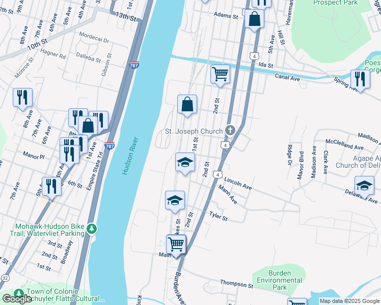 map of restaurants, bars, coffee shops, grocery stores, and more near 430 1st Street in Troy