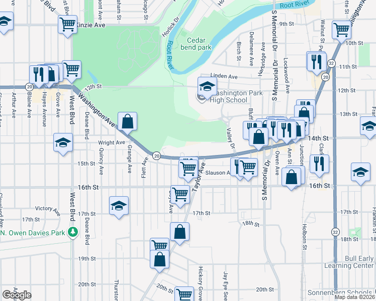 map of restaurants, bars, coffee shops, grocery stores, and more near 2307 Washington Avenue in Racine