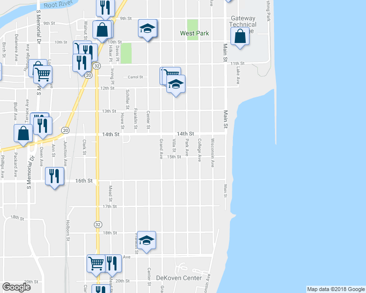 map of restaurants, bars, coffee shops, grocery stores, and more near 1424 Park Avenue in Racine
