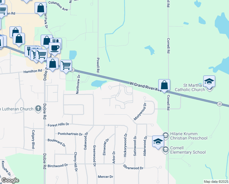 map of restaurants, bars, coffee shops, grocery stores, and more near 1440 Treetop Drive in Meridian charter Township