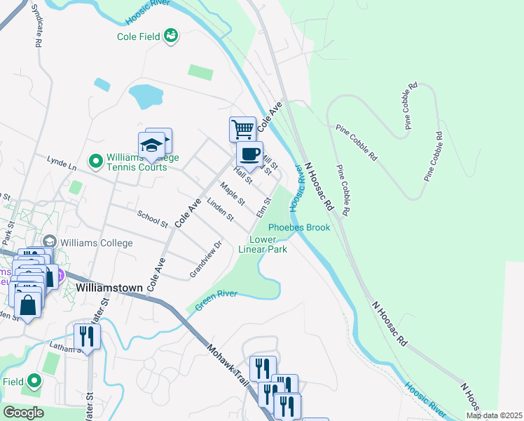 map of restaurants, bars, coffee shops, grocery stores, and more near Elm Street in Williamstown