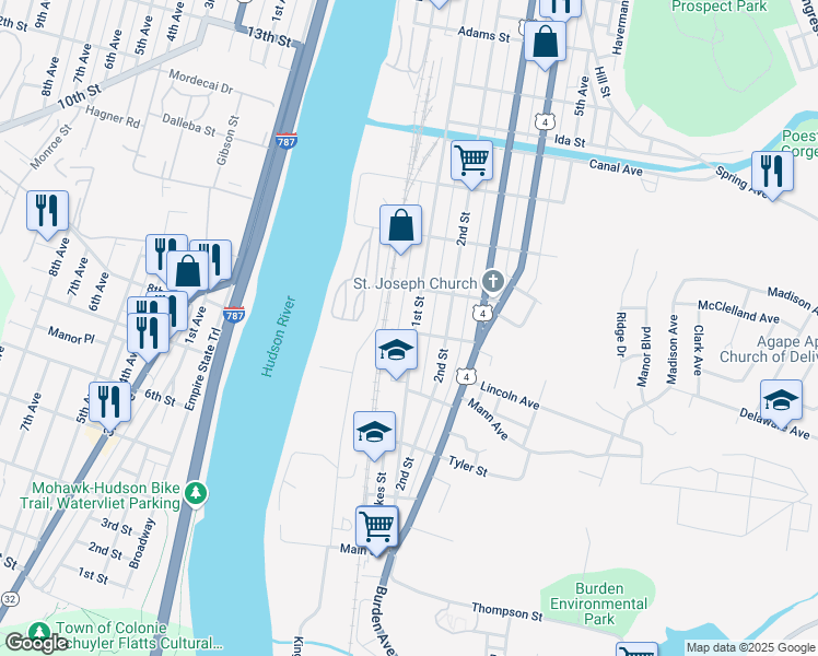 map of restaurants, bars, coffee shops, grocery stores, and more near 430 1st Street in Troy