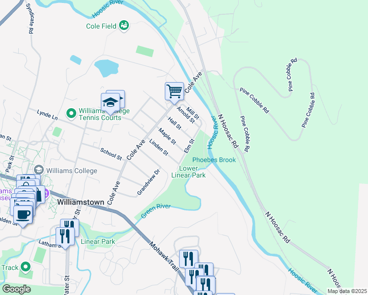map of restaurants, bars, coffee shops, grocery stores, and more near 55 Hall Street in Williamstown