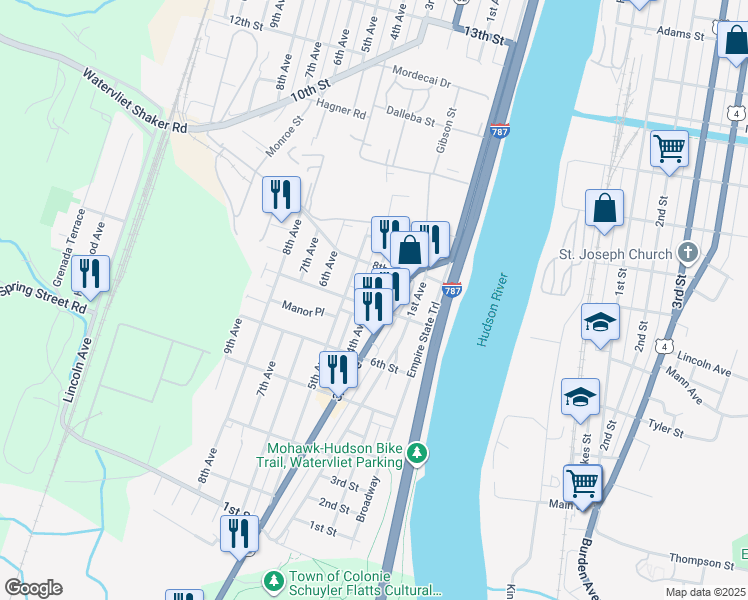 map of restaurants, bars, coffee shops, grocery stores, and more near 729 4th Avenue in Watervliet