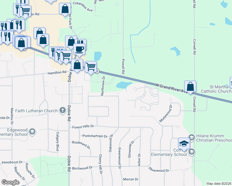 map of restaurants, bars, coffee shops, grocery stores, and more near 1555 West Pond Drive in Meridian charter Township