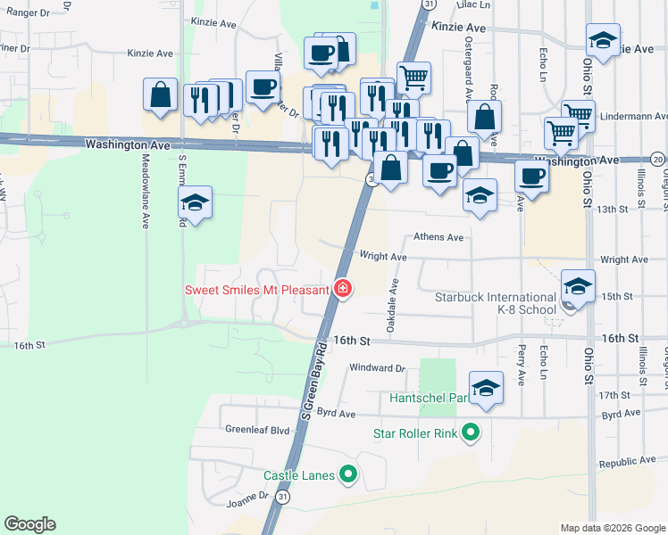 map of restaurants, bars, coffee shops, grocery stores, and more near 1340 North Green Bay Road in Mount Pleasant