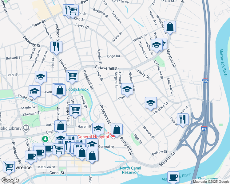 map of restaurants, bars, coffee shops, grocery stores, and more near 568 Howard Street in Lawrence