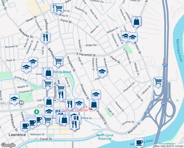 map of restaurants, bars, coffee shops, grocery stores, and more near 568 Howard Street in Lawrence