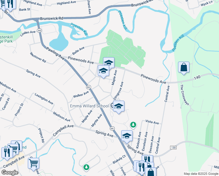 map of restaurants, bars, coffee shops, grocery stores, and more near 40 Collins Avenue in Troy