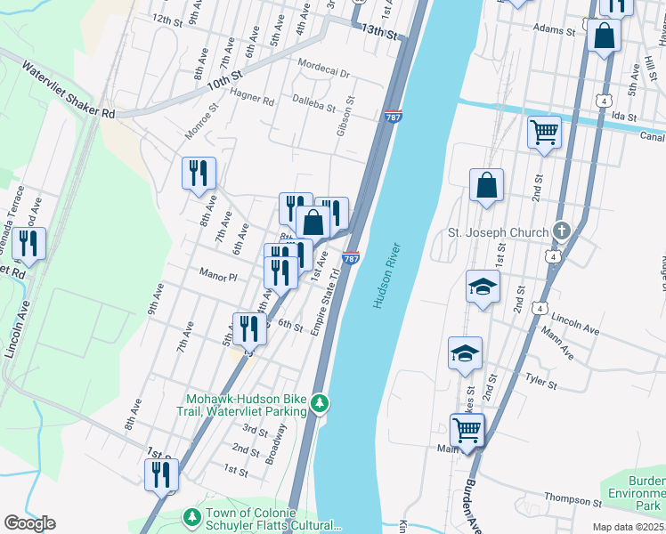 map of restaurants, bars, coffee shops, grocery stores, and more near 809 Broadway in Watervliet