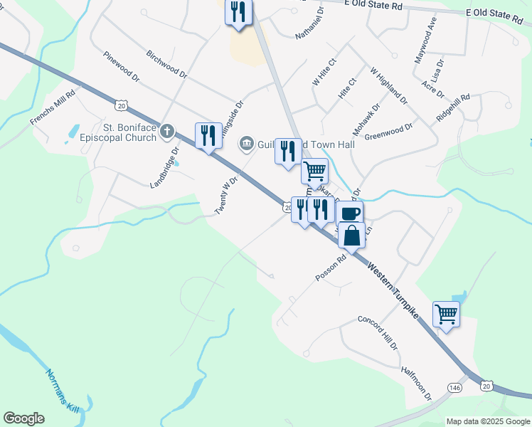 map of restaurants, bars, coffee shops, grocery stores, and more near 5220 Western Turnpike in Altamont