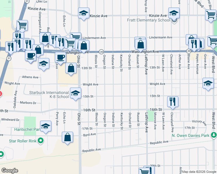 map of restaurants, bars, coffee shops, grocery stores, and more near 4224 Wright Avenue in Racine