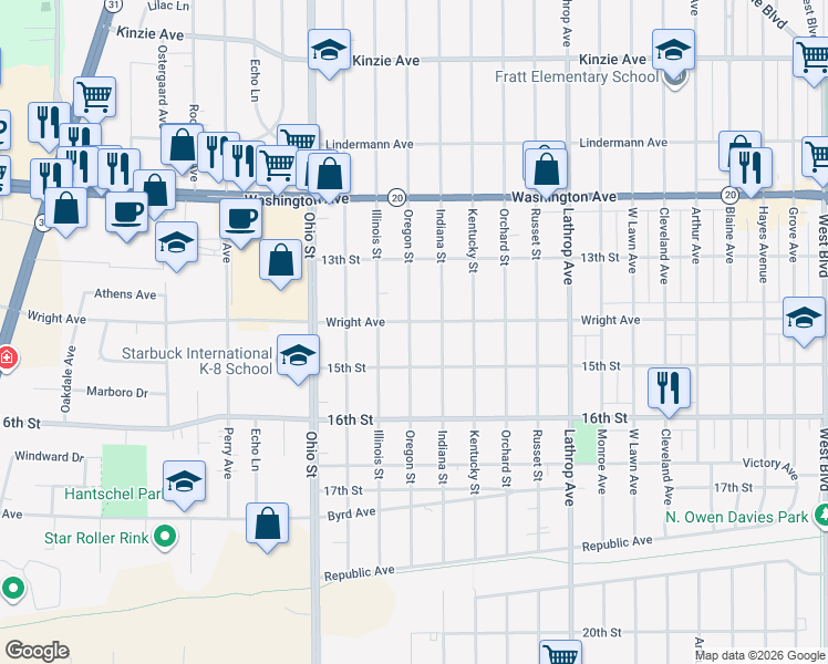 map of restaurants, bars, coffee shops, grocery stores, and more near 1346 Oregon Street in Racine