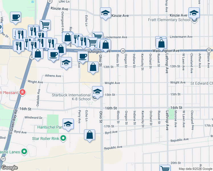 map of restaurants, bars, coffee shops, grocery stores, and more near 1347 Ohio Street in Racine