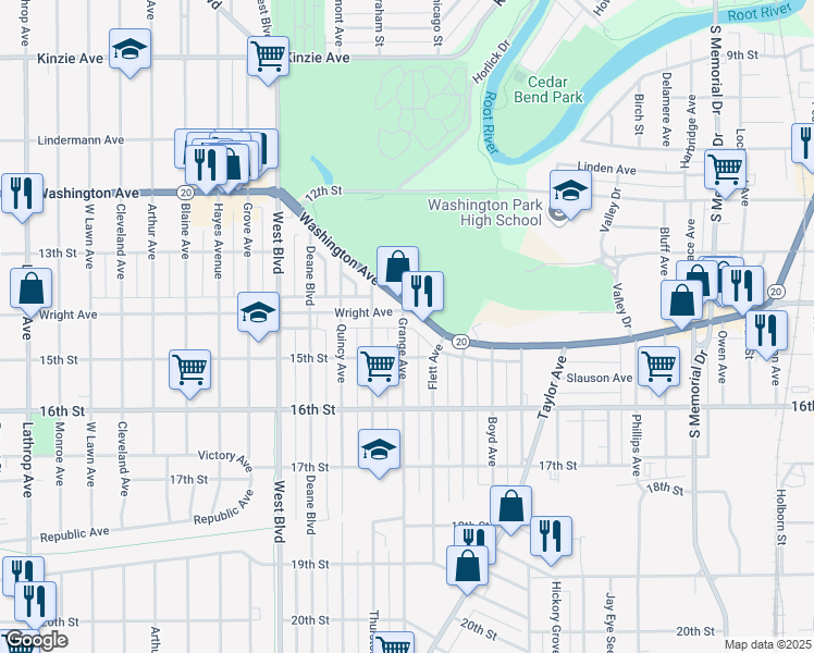map of restaurants, bars, coffee shops, grocery stores, and more near 1409 Grange Avenue in Racine