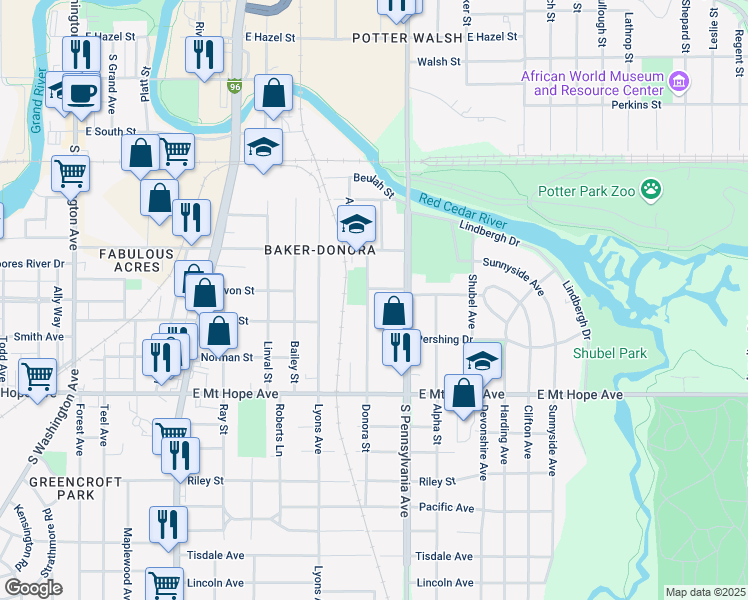 map of restaurants, bars, coffee shops, grocery stores, and more near 1500 Donora Street in Lansing