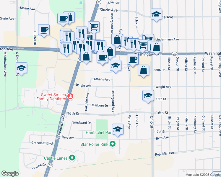 map of restaurants, bars, coffee shops, grocery stores, and more near 5114 Wright Avenue in Racine