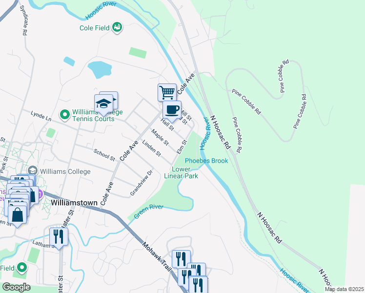 map of restaurants, bars, coffee shops, grocery stores, and more near Elm Street in Williamstown
