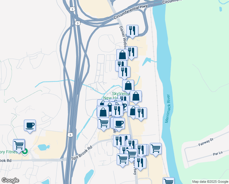 map of restaurants, bars, coffee shops, grocery stores, and more near 1 Royal Crest Drive in Nashua