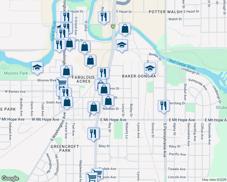 map of restaurants, bars, coffee shops, grocery stores, and more near 515 Avon Street in Lansing