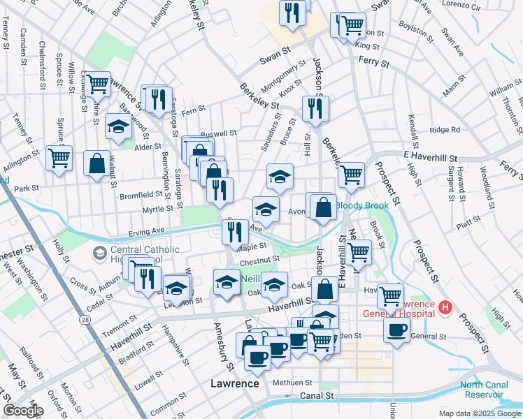 map of restaurants, bars, coffee shops, grocery stores, and more near 67 Avon Street in Lawrence
