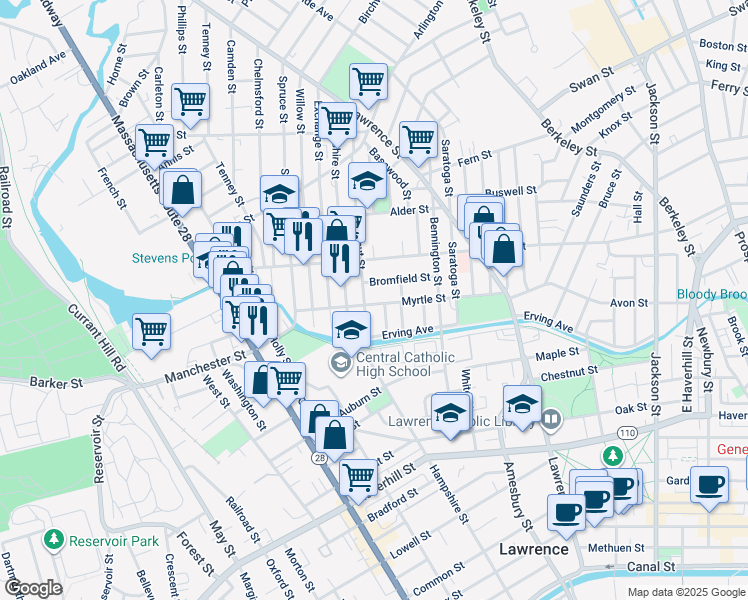 map of restaurants, bars, coffee shops, grocery stores, and more near 74 Walnut Street in Lawrence