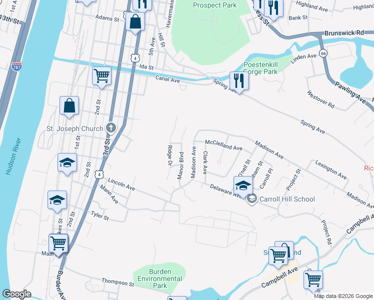 map of restaurants, bars, coffee shops, grocery stores, and more near 2 Marquis Court in Troy
