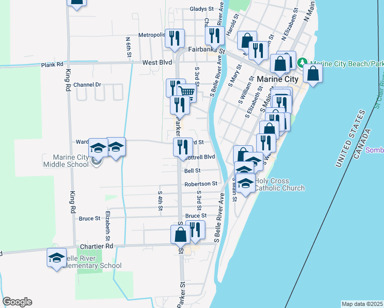 map of restaurants, bars, coffee shops, grocery stores, and more near 421 Ward Street in Marine City