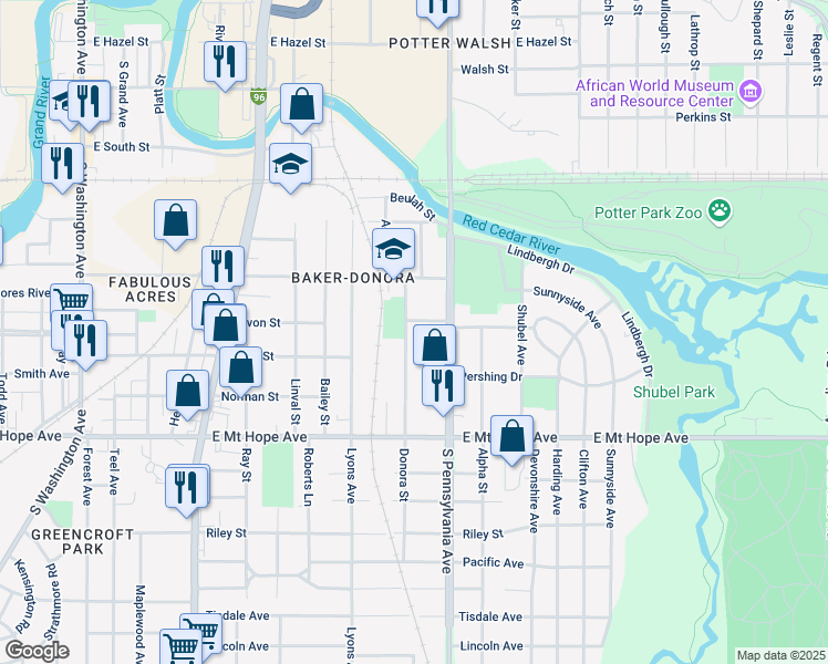 map of restaurants, bars, coffee shops, grocery stores, and more near 1500 Donora Street in Lansing
