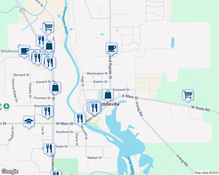 map of restaurants, bars, coffee shops, grocery stores, and more near 215 Paul Street in Middleville